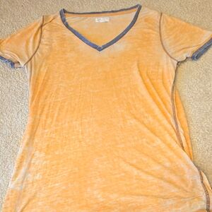 Casual V-Neck Orange Tee with Blue Trim very thin